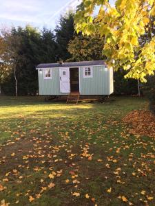 un cobertizo verde y blanco en un campo en Jasmine The Shepherd Hut, en Woodhall Spa