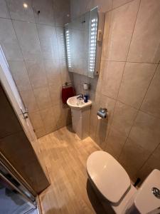 a bathroom with a toilet and a sink and a mirror at Larmins Room in Milton Keynes