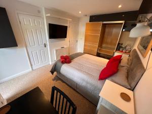 a bedroom with a bed and a couch and a television at Central Room in Milton Keynes