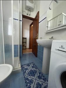 a bathroom with a sink and a washing machine at Casa Cristallina in Posada