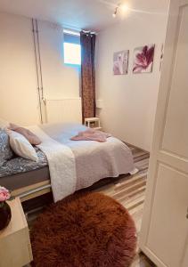 a bedroom with a bed and a brown rug at Ferienwohnung Marina an der Romantischen Straße in Weikersheim