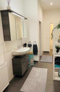 La salle de bains est pourvue d'un lavabo et d'un miroir. dans l'établissement Ferienwohnung Marina an der Romantischen Straße, à Weikersheim