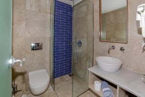 a bathroom with a toilet and a sink and a shower at The Archontariki in Ormos Panagias