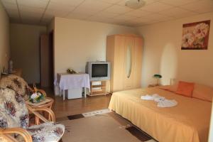 1 dormitorio con 1 cama, TV y silla en Penzion Romantik, en Dolná Streda