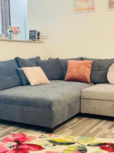 a couch with two pillows on it in a living room at Ferienwohnung Marina an der Romantischen Straße in Weikersheim