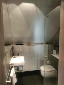 uma casa de banho com um WC, um lavatório e um chuveiro em Loft - Dolny Sopot by OneApartments em Sopot