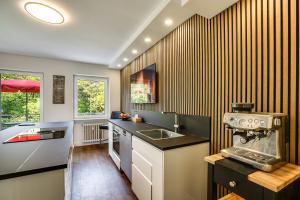 a kitchen with a sink and a counter top at George Apartment in Düsseldorf