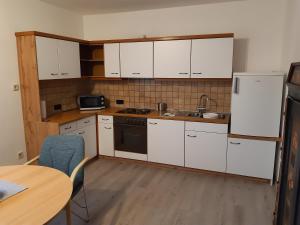 a kitchen with white cabinets and a table and a refrigerator at Appartement Ferienwohnung LANG in Apetlon