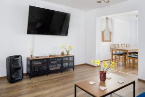 a living room with a television and a table at Transylvanian House in Drumu Carului