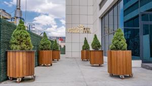 a row of pine trees in front of a building at AYDINBEY PARK OTEL in Konya