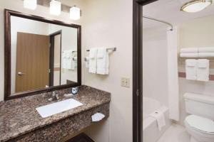 a bathroom with a sink and a toilet and a mirror at AmericInn by Wyndham Grundy Center in Grundy Center