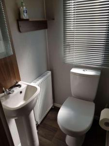 een badkamer met een wit toilet en een wastafel bij Lake District 2021 Deluxe Static Caravan on Haven Lakeland in Flookburgh