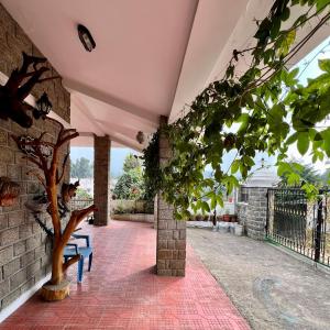 un porche con un árbol y un banco azul en Lakshmi Illam Guesthouse for Families only en Kodaikānāl
