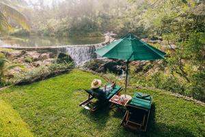 a person sitting in a chair under a green umbrella at Blancaneaux Lodge in San Ignacio