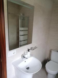 ein Badezimmer mit einem Waschbecken, einem WC und einem Spiegel in der Unterkunft La casita de Meiro in Bueu