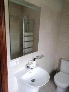 a bathroom with a sink and a toilet and a mirror at La casita de Meiro in Bueu +23 photos