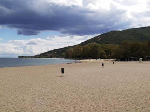 a sandy beach with trees and a mountain in the background at Villa Riviera in Stavros