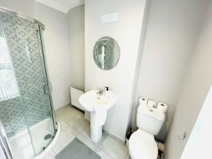 a bathroom with a sink and a toilet and a shower at Calla's place in Derry Londonderry