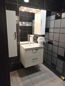 ein Bad mit einem Waschbecken und einem Spiegel in der Unterkunft appartement avec balcon in Hargarten-aux-Mines