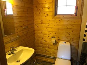 a bathroom with a white toilet and a sink at Solvang World Heritage Camping in Eidsdal +28 photos