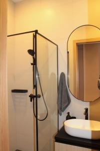 Un baño con ducha, lavabo y espejo. en Green Valley Loft, en Jūrmala 7 fotos más