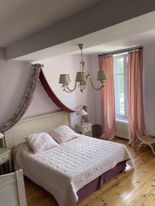 a bedroom with a bed and a window with pink curtains at Chateau Tout Y Fault in Loriges