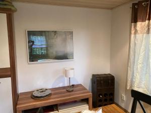 Televízia a/alebo spoločenská miestnosť v ubytovaní Kleines Haus am Waldrand