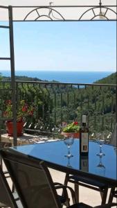 Babino Polje的住宿－Holiday apartments Maslina Paho，一张桌子,上面放着两杯酒和一瓶葡萄酒