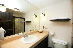 a bathroom with a sink and a toilet and a mirror at Hotel Posada Terranova in San José del Cabo