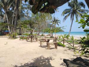 a row of picnic tables on the beach at Why not restobar cottages in Sabang