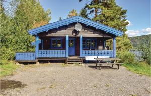 uma cabana azul com uma mesa de piquenique em frente em Solbakken em Vikersund