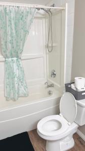 uma casa de banho com um WC e uma banheira com uma cortina de chuveiro em Lovely 2 Bedroom apartment em Camrose