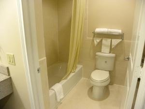 a small bathroom with a toilet and a shower at Palace Inn Kingwood in Humble