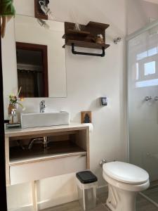 a bathroom with a sink and a toilet and a mirror at Chalé House Falkenberg in Monte Verde
