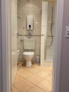 a bathroom with a toilet and a shower at Steinwarder 9 - Haus "Seeschwalbe" ST9 017 Steinwarder 9 in Heiligenhafen
