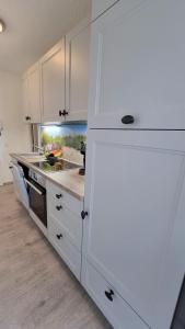 海利根港的住宿－Steinwarder 35-37 SB4 009 Steinwarder 35-37，厨房配有白色橱柜和炉灶烤箱。