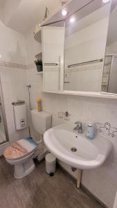 ein Badezimmer mit einem weißen Waschbecken und einem WC in der Unterkunft Steinwarder 35-37 SB4 009 Steinwarder 35-37 in Heiligenhafen