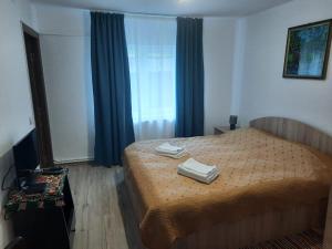 Casa Dumitru si Elena Ciocanesti Bucovina في Ciocăneşti: غرفة نوم عليها سرير وفوط