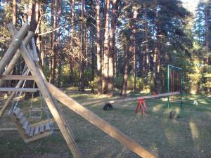 a park with a swing set and a playground at Kempings Ezerpriedes in Burtnieki