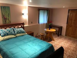 Un dormitorio con una cama azul y una mesa en Hare Henua Bed & Breakfast, en Hanga Roa
