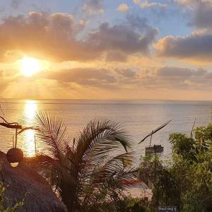 zachód słońca nad oceanem z palmą w obiekcie Baraka Beach Vilanculos w mieście Vilanculos
