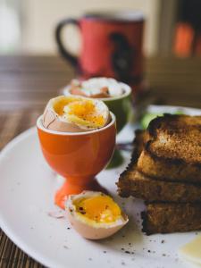a plate with eggs and toast on a table at Schulteheim Hotel in Uniondale