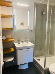 a bathroom with a sink and a shower at Wohnung Pauli, FW 2 in Zingst