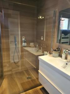 a bathroom with a shower and a sink and a mirror at villa moderne in Saint-Gély-du-Fesc