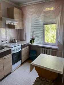 a kitchen with a sink and a stove and a window at Здається квартира подобово in Kamianets-Podilskyi