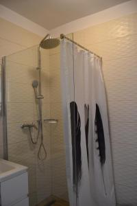 a shower with a shower curtain in a bathroom at Cherry in Korčula +30 photos