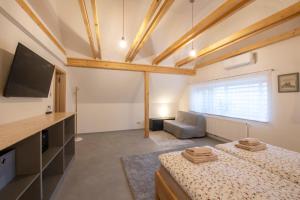 a bedroom with two beds and a flat screen tv at Apartmány U Jizery in Turnov