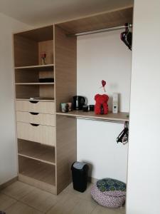 a walk in closet with white walls and wooden cabinets at EVANA in Bize-Minervois