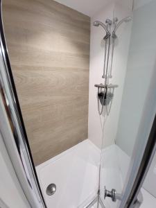 cabina de ducha con cabezal de ducha en Studio mezzanine Saint Bres. 20min de Montpellier, en Saint-Brès