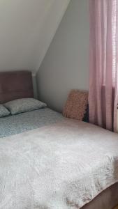 a bedroom with two beds and a window with pink curtains at Dom na Leszczynowej Górce - plaża, las in Ełk